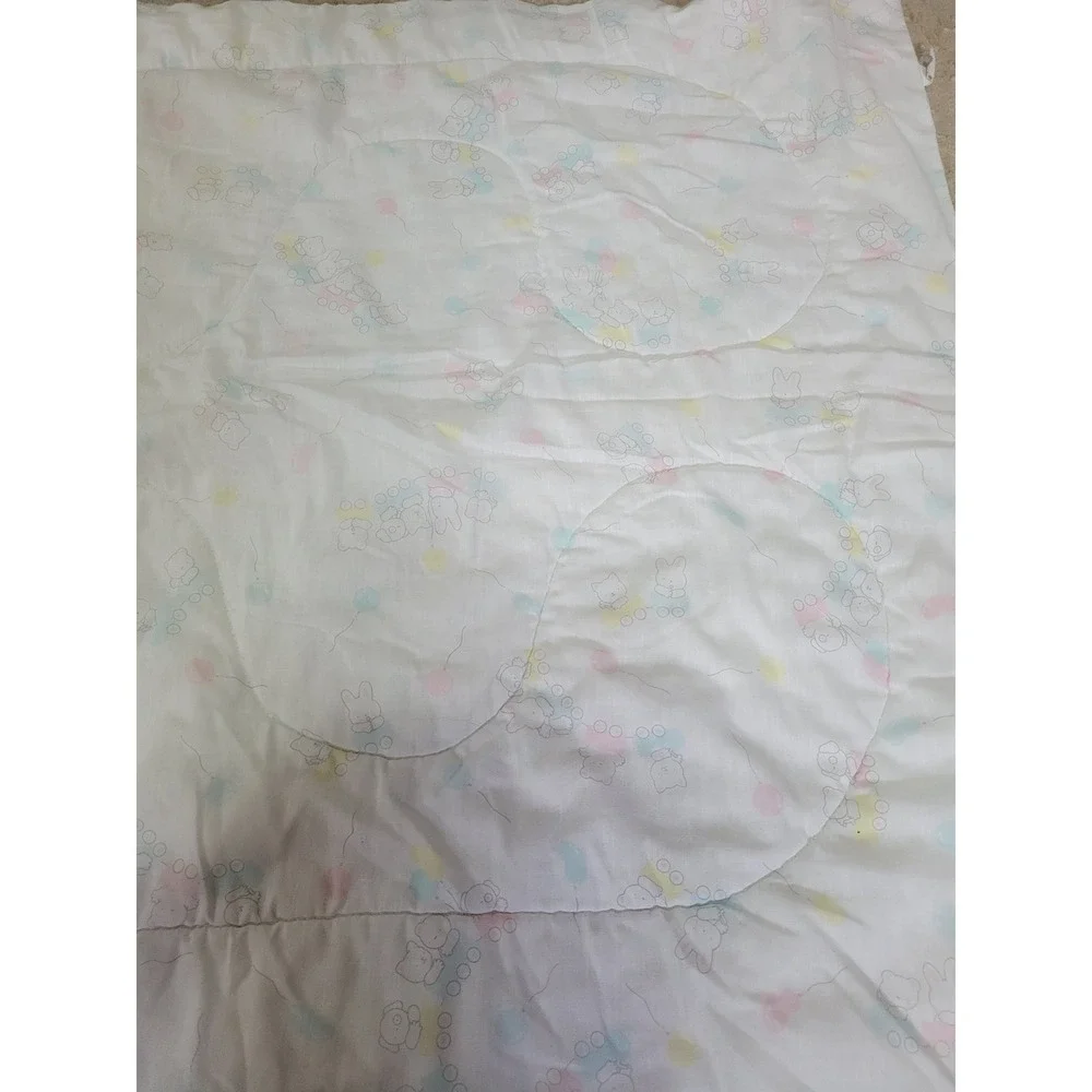 Vintage Gerber Baby Comforter Blanket Pastel Animals Train Blue White 41x33